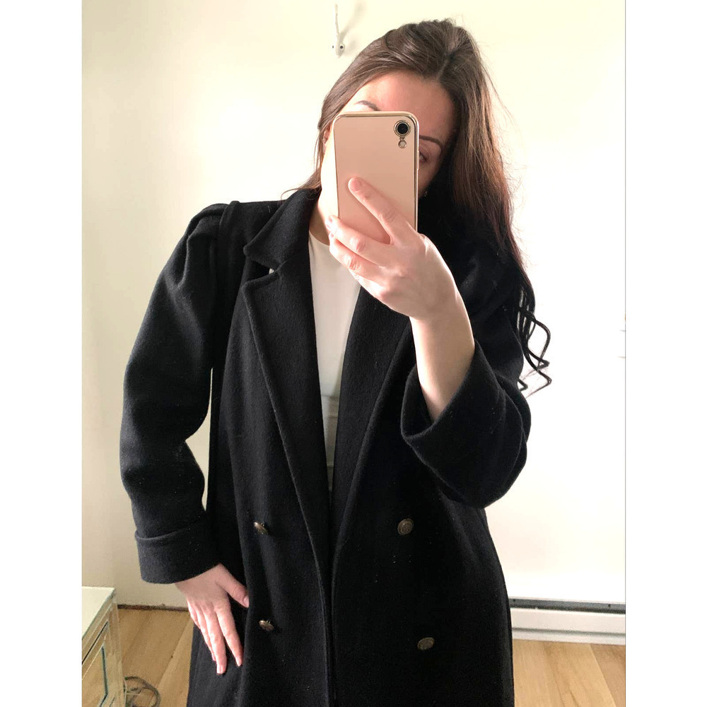 Vintage Black Double Breasted Long Wool Coat Pleated Puff Shoulder sz 8 Petite - Picture 4 of 15